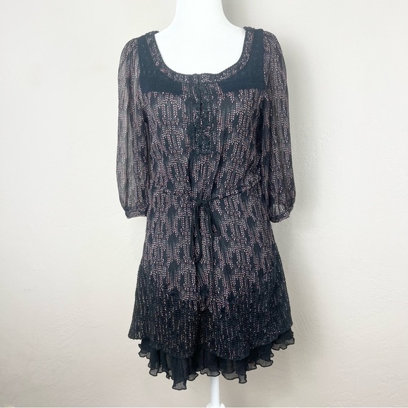 Free People Floral Boho Folk Leather Drawstring Chiffon Mini Dress Size Small - Picture 1 of 13